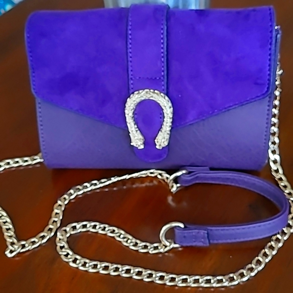 Big Buddha purple suede & leather purse (or crossbody) with gold chain handle